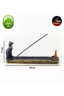 Antik Mısır Serisi Kutsal Kedi Çubuk ve Piramit Biblo Konik Tütsülük - Altın