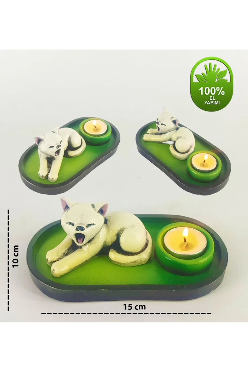 Uykucu Kedi Çubuk Tütsülük ve Tealight - Beyaz