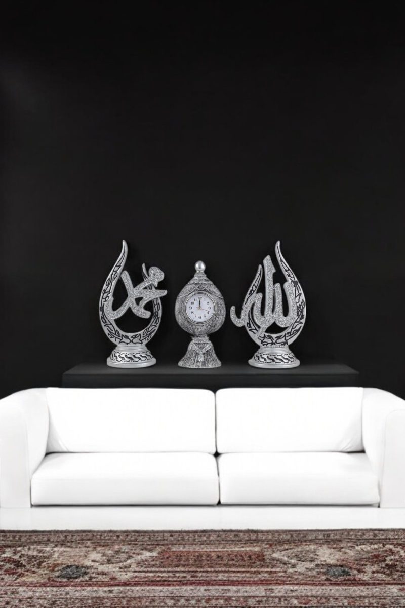 Allah & Muhammed Lafızlı ve Saatli Biblo - Gümüş