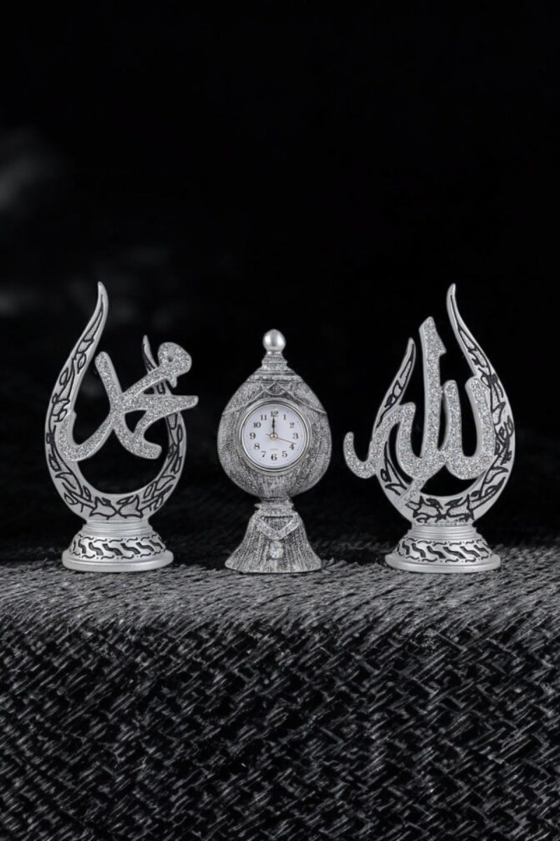 Allah & Muhammed Lafızlı ve Saatli Biblo - Gümüş
