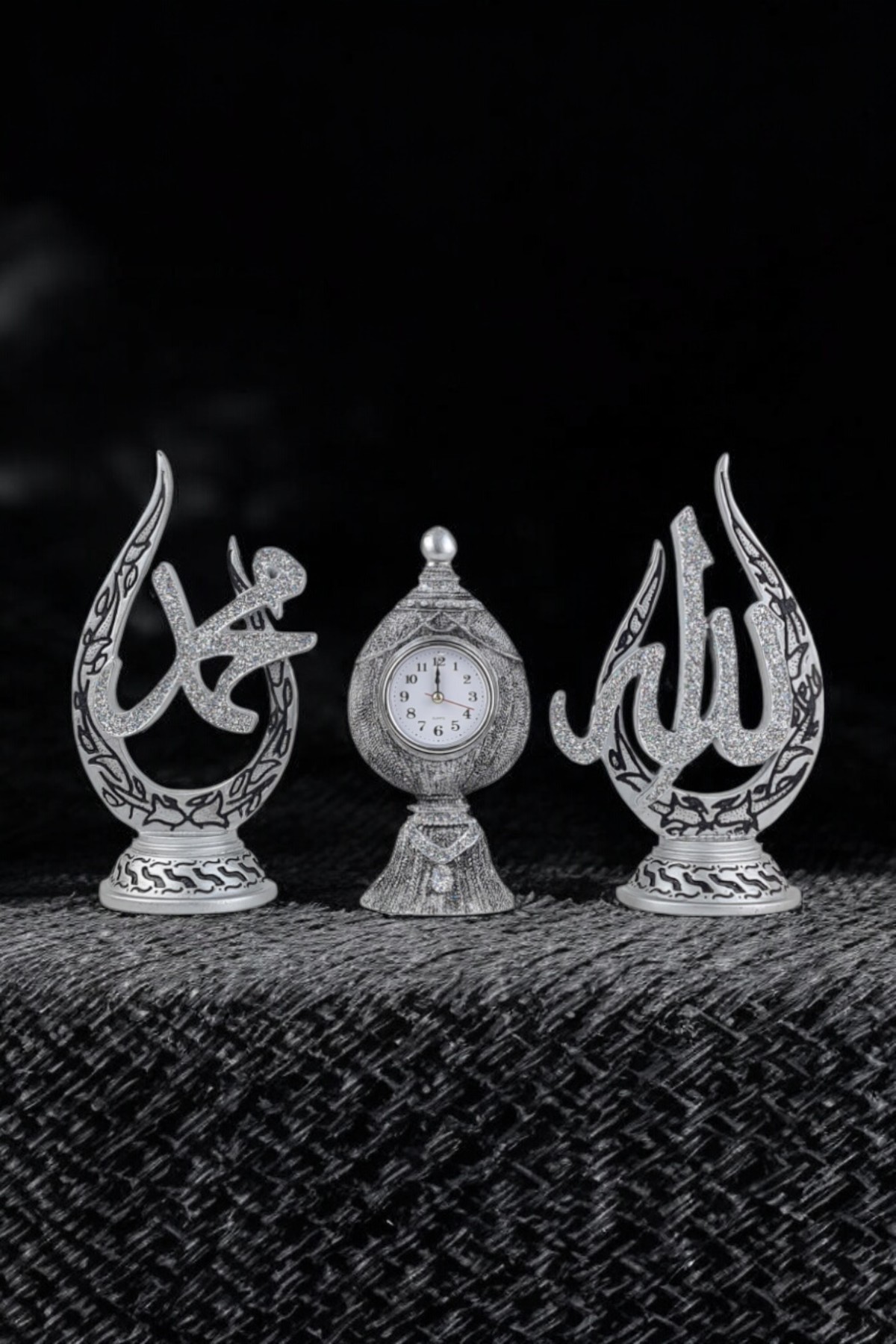 Allah & Muhammed Lafızlı ve Saatli Biblo - Gümüş