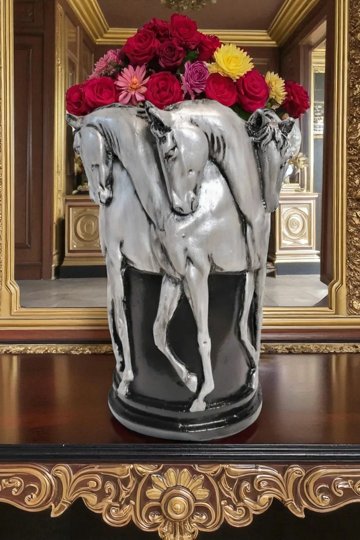 Atlı Vazo Heykeli - Siyah/Gümüş