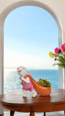 Havuç Taşıyan Tavşan Saksı - Pembe