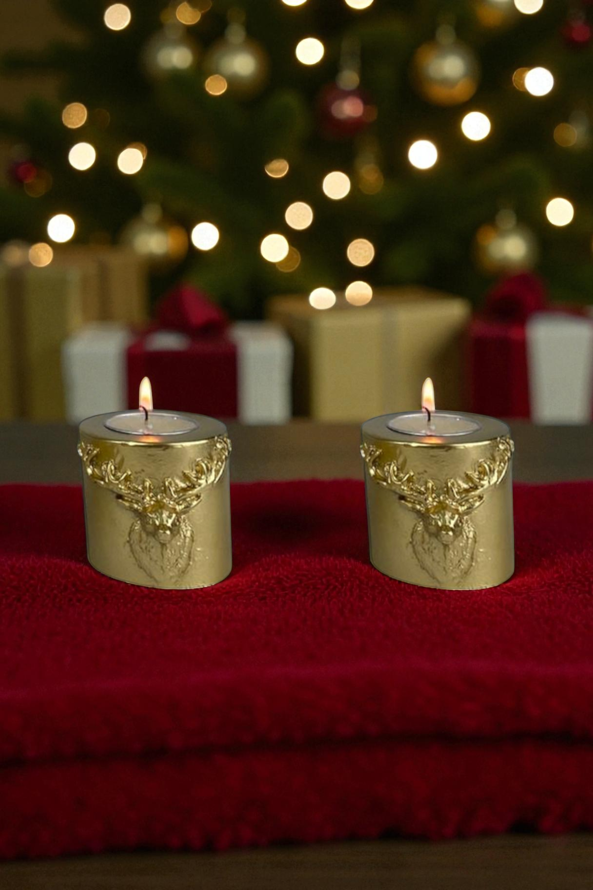 Yılbaşı Geyikli İkili Mumluk Seti - Altın