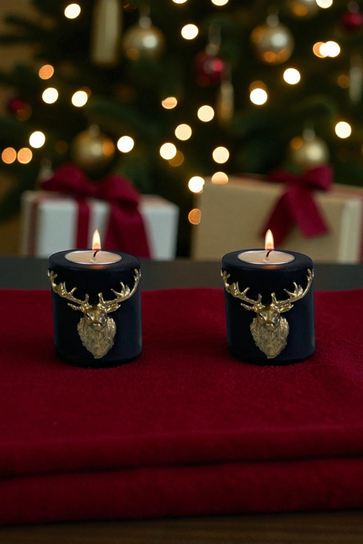 Yılbaşı Geyikli İkili Mumluk Seti - Altın/Siyah