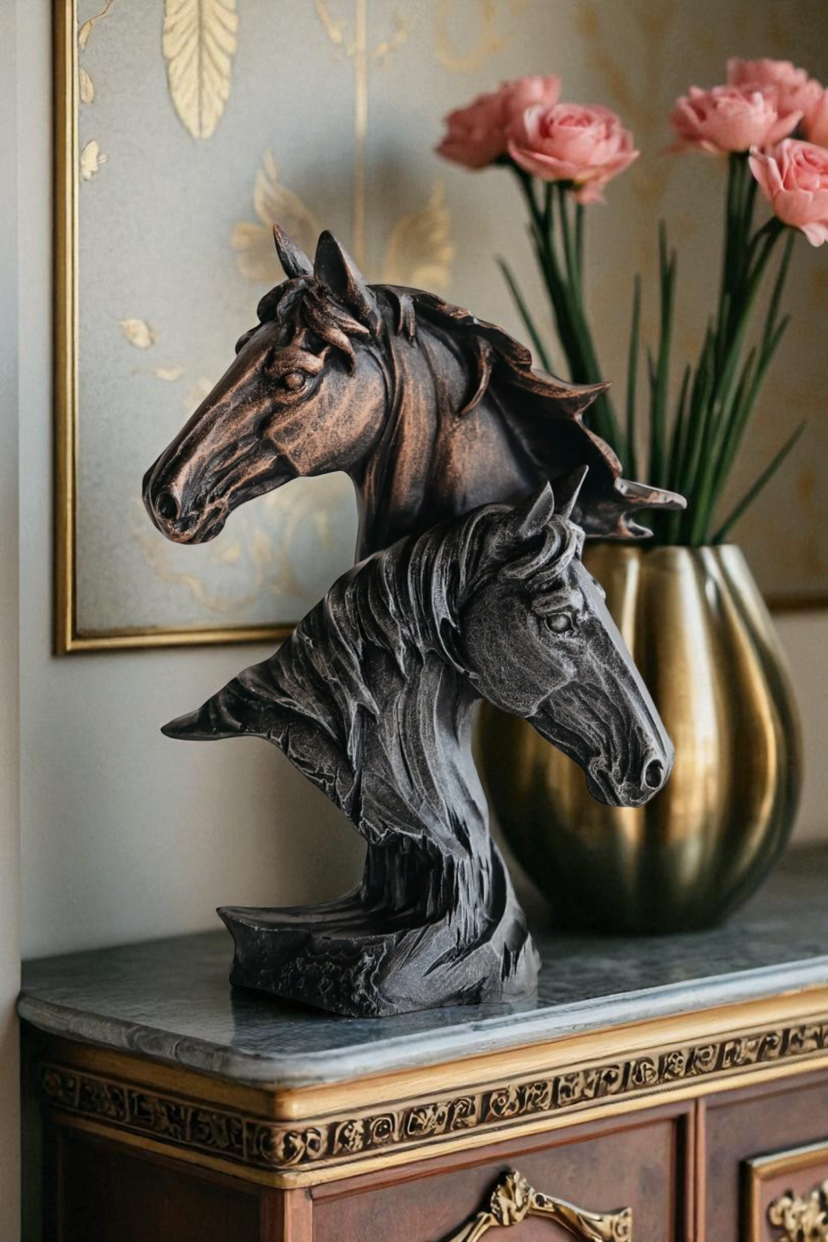 İkiz Atlar Büst Biblo - Bronz/Gümüş