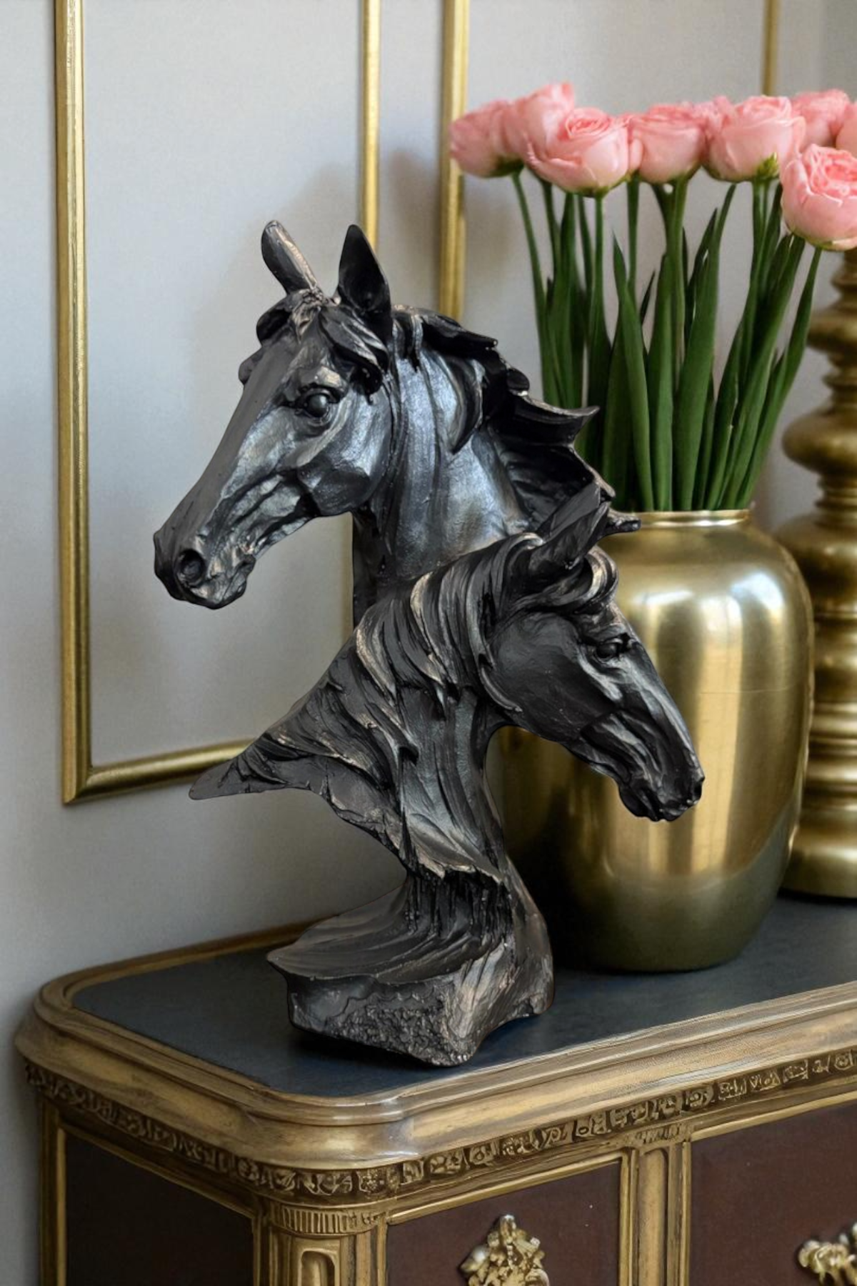 İkiz Atlar Büst Biblo - Siyah