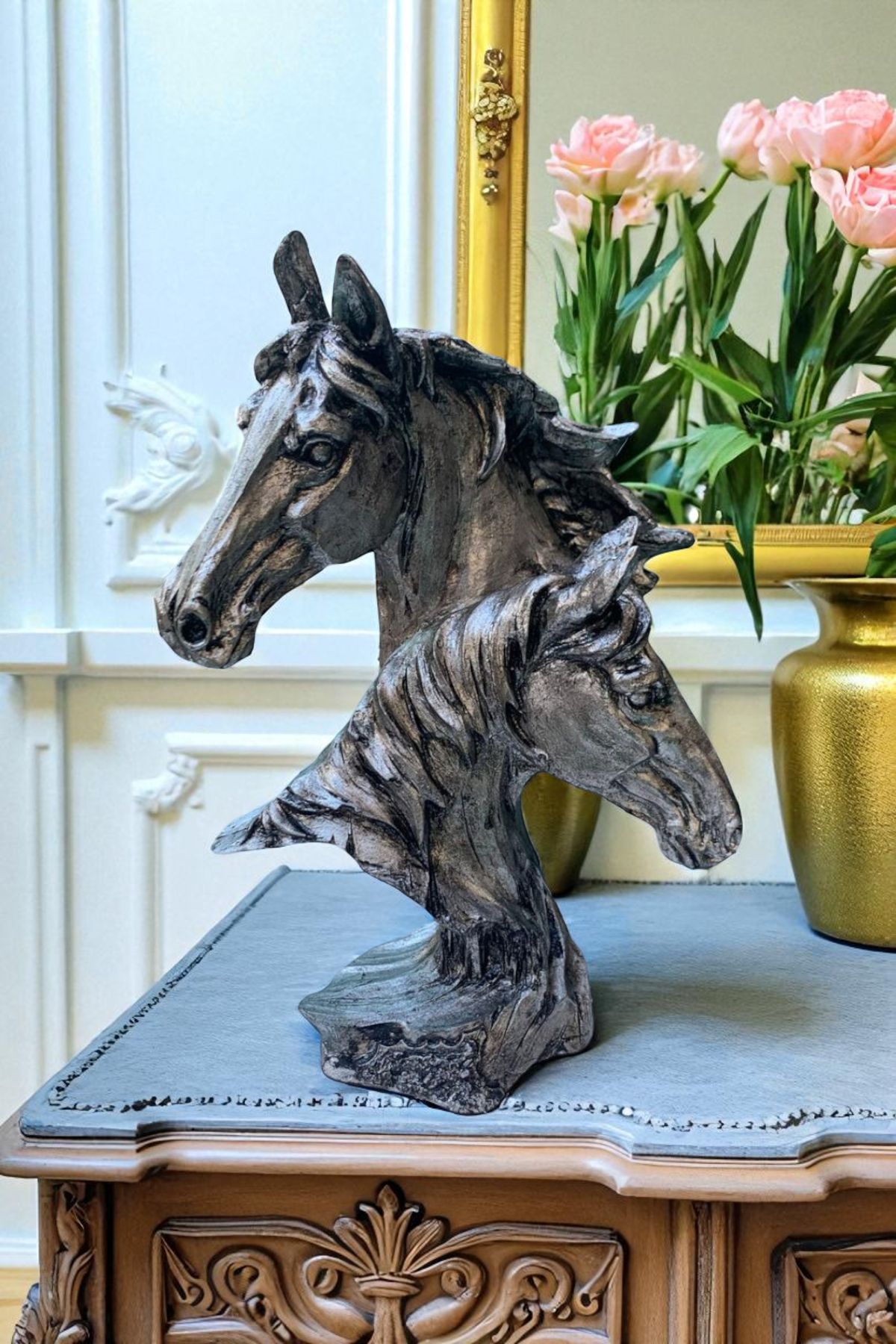 İkiz Atlar Büst Biblo - Gümüş