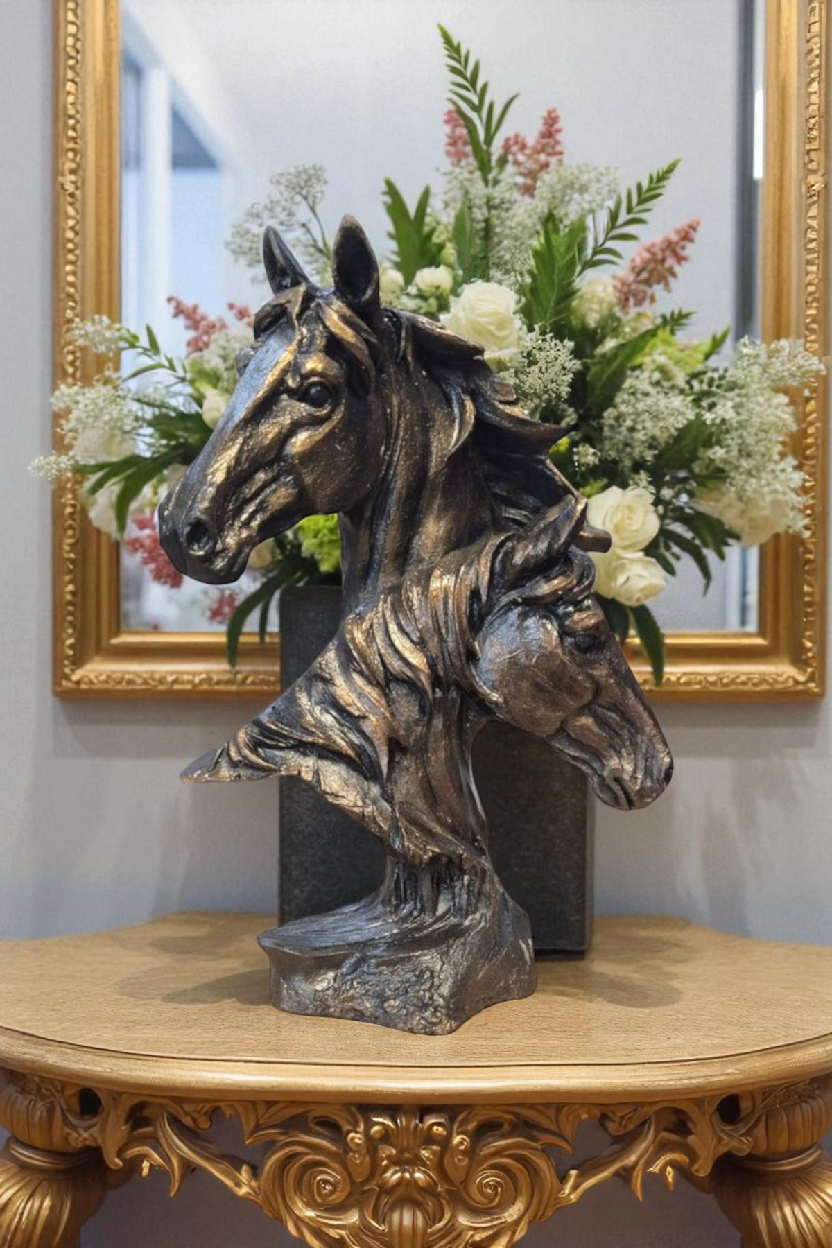 İkiz Atlar Büst Biblo - Altın