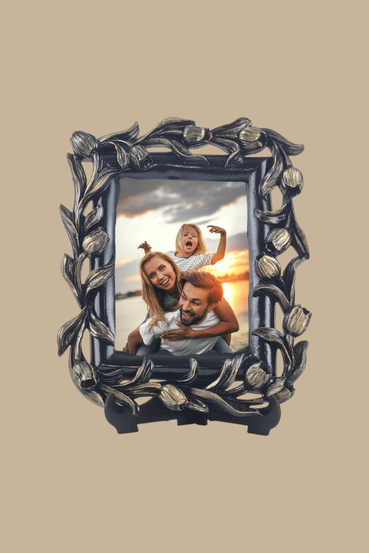 Lale Desenli Polyester Fotoğraf Çerçevesi - Altın